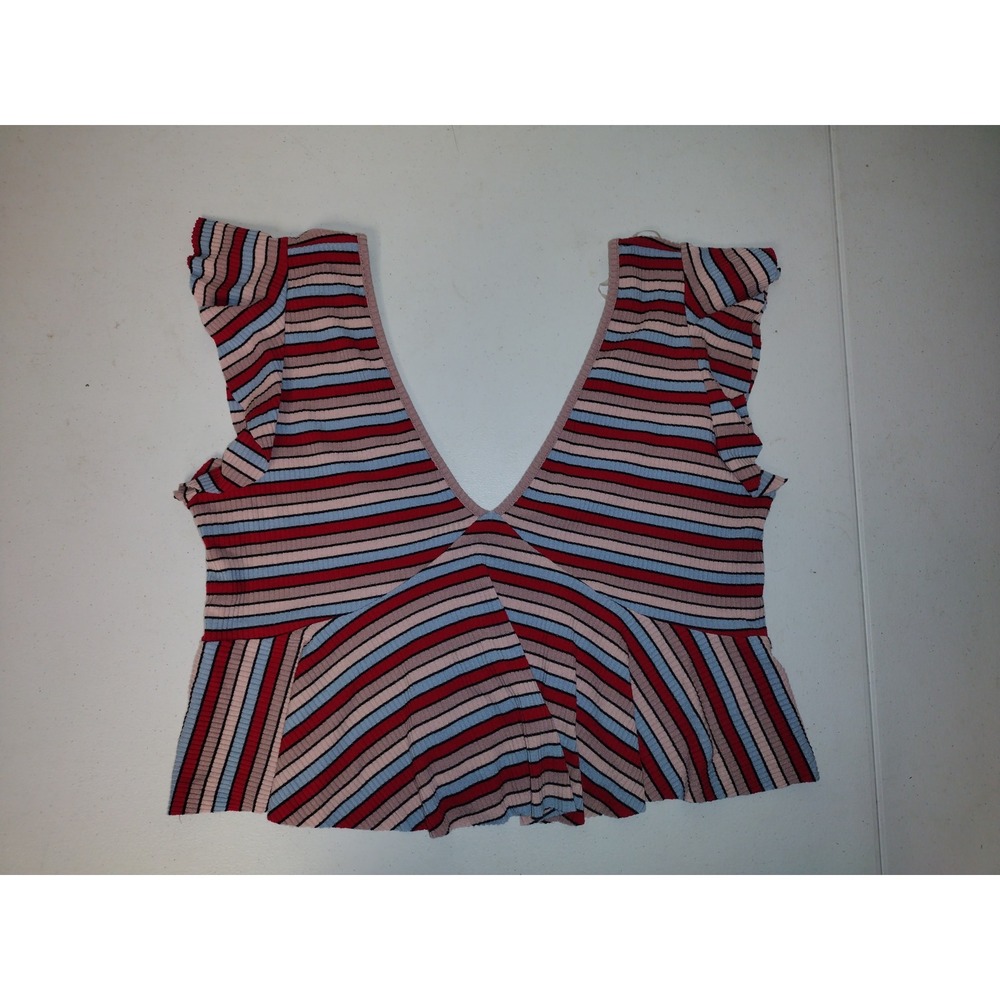 Wild Fable Red Blue Pink Striped Ribbed V-Neck Ruffle Peplum Top Large